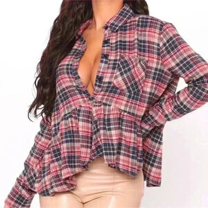 Hyfve Plaid Button Down Baby Doll Flannel Long Sleeve Top Women’s Size Large
